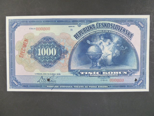 1000 Kč 15.4.1919, serie B anulát, přetisk SPECIMEN, číslovač 6-nul