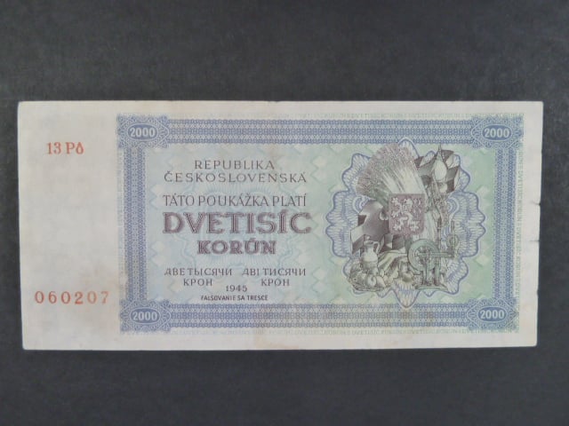 2000 K 1945 série 13 Pó poukázka, poloha vodoznaku A, neperforovaná, vzácná, Ba. 69b, Pi. 50Aa, poškozená v pravém okraji