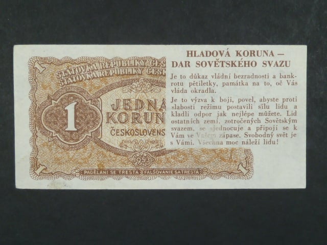 Hladová koruna - dar Sovětského Svazu, propagandistický leták ve tvaru 1 Kčs 1953