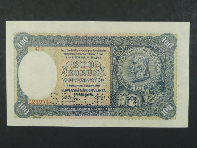 100 Ks 7.10.1940 II.vydání, série C 1, perf. SPECIMEN