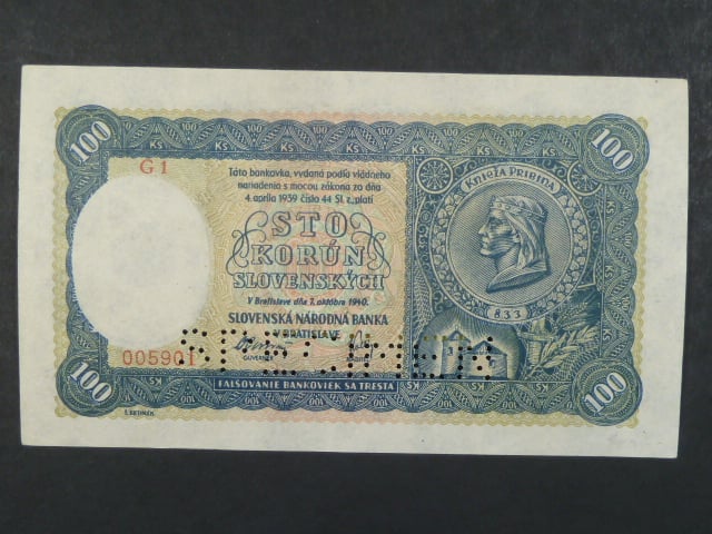 100 Ks 7.10.1940 II.vydání, série G 1, perf. SPECIMEN
