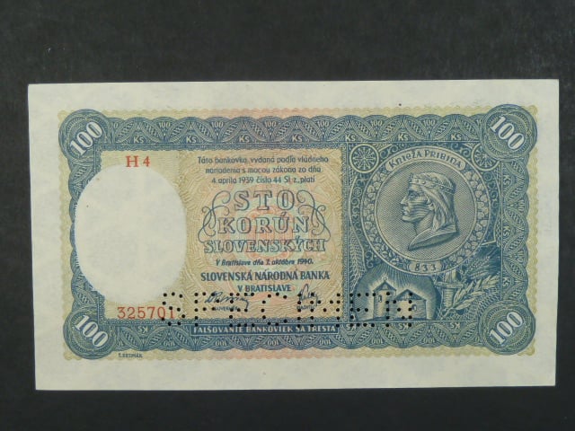 100 Ks 7.10.1940 II.vydání, série H 4, perf. SPECIMEN