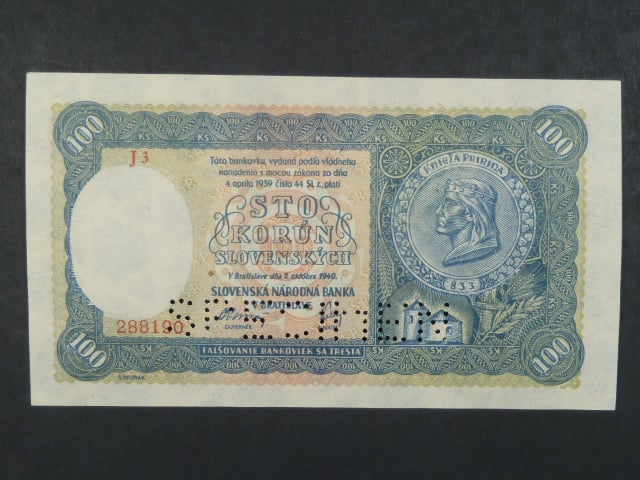 100 Ks 7.10.1940 II.vydání, série J 3, perf. SPECIMEN