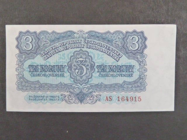 3 Kčs 1953 série AS, tiskárna Goznak Moskva