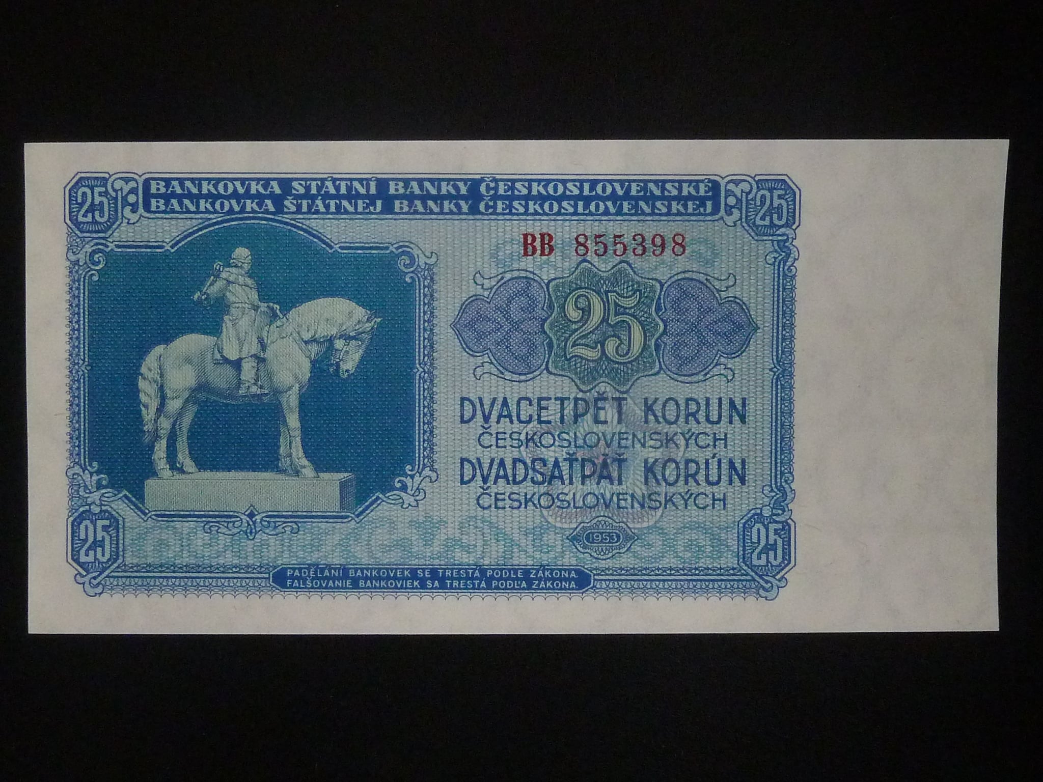 25 Kčs 1953 série BB světle modrá, tiskárna Goznak Moskva
