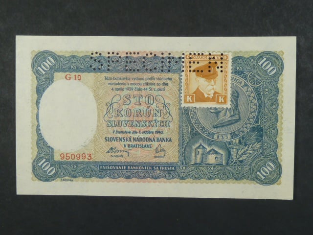 100 Ks 7.10.1940 II.vydání, kolkovaná série G10, perf. SPECIMEN