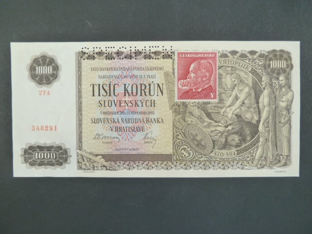 1000 Ks 25.11.1940, kolkovaná série 2T4, perf. SPECIMEN, stopy po lepu