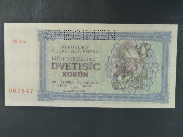 2000 K 1945 série 20Ám, perf. SPECIMEN, poloha vodoznaku A