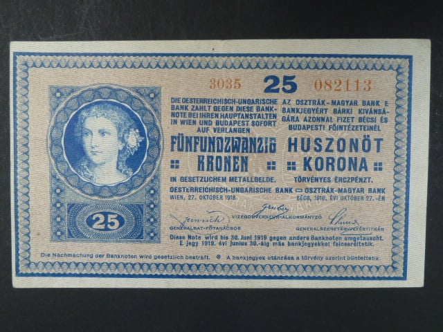 25 K 27.10.1918 série 3035 varianta číslovače "B", bez podtisku na R