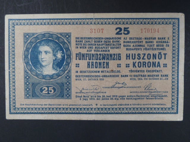 25 K 27.10.1918 série 3107 varianta číslovače "C", s podtiskem na R