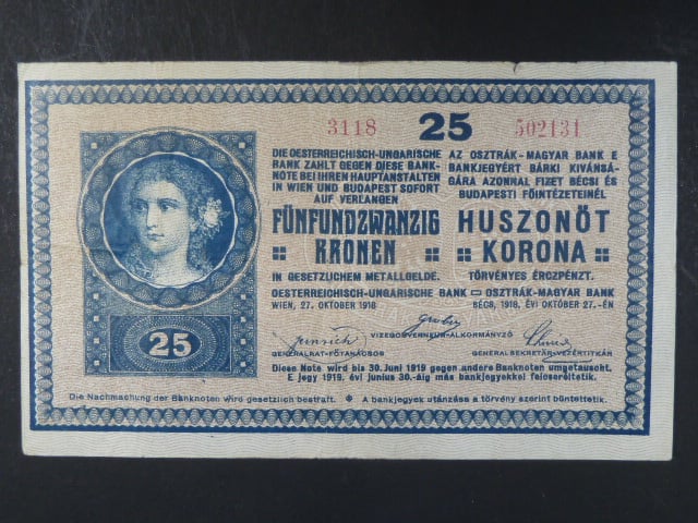 25 K 27.10.1918 série 3118 varianta číslovače "C", s podtiskem na R