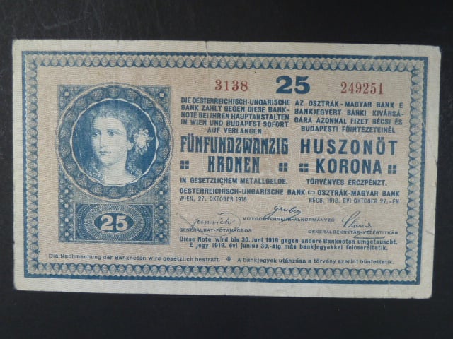 25 K 27.10.1918 série 3138 varianta číslovače "C", s podtiskem na R