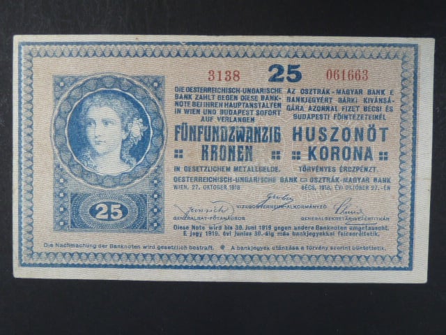 25 K 27.10.1918 série 3138 varianta číslovače "C", s podtiskem na R