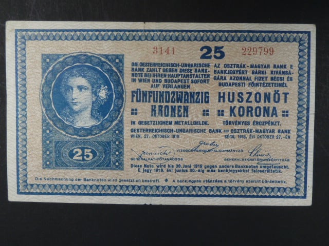 25 K 27.10.1918 série 3141 varianta číslovače "C", s podtiskem na R