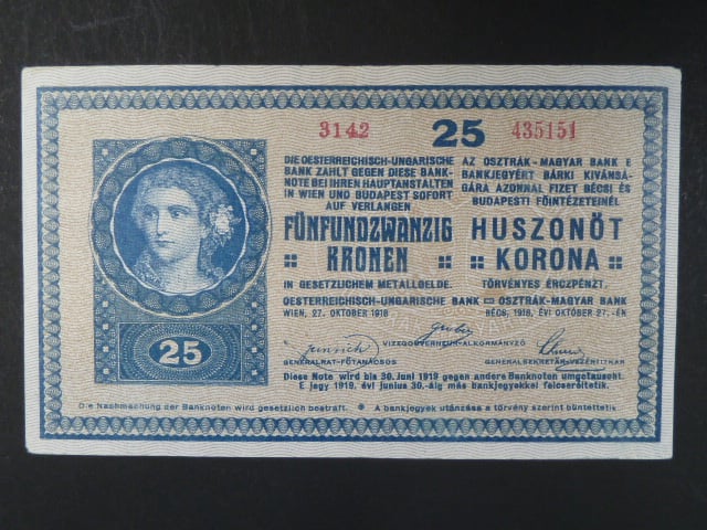 25 K 27.10.1918 série 3142 varianta číslovače "C", s podtiskem na R