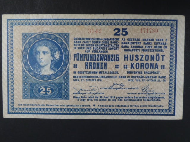 25 K 27.10.1918 série 3142 varianta číslovače "C", s podtiskem na R