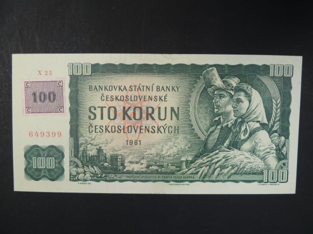 100 Kč 1961 s. X 25 (malá průsvitka) II.vydání, kolek, Baj. CZ 1e, Pi. 1