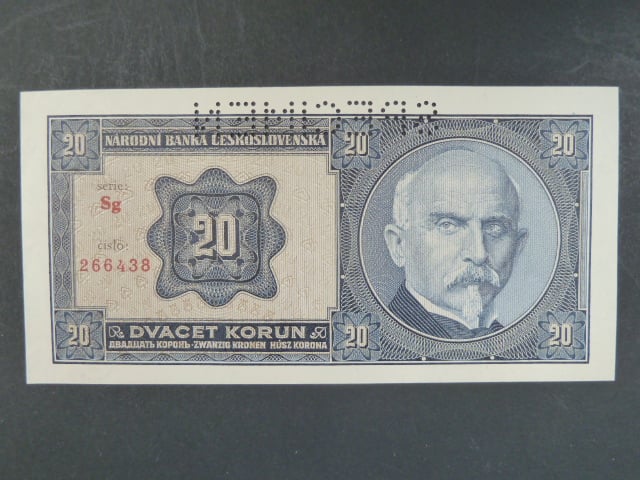 20 Kč 1.10.1926 série Sg, perf. SPECIMEN