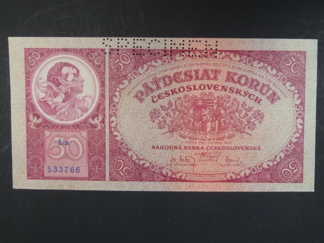50 Kč 1.10.1929 série La, perf. SPECIMEN