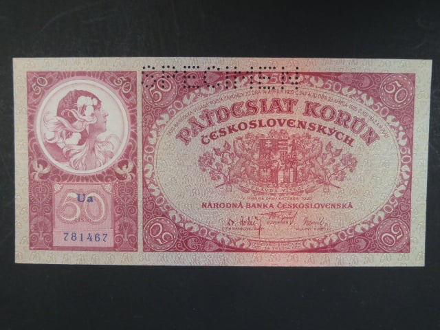50 Kč 1.10.1929 série Ua, perf. SPECIMEN