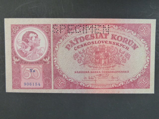 50 Kč 1.10.1929 série Ya, perf. SPECIMEN