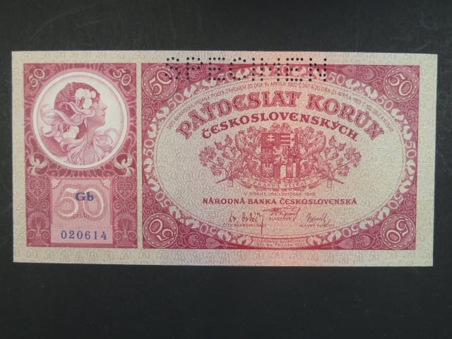50 Kč 1.10.1929 série Gb, perf. SPECIMEN