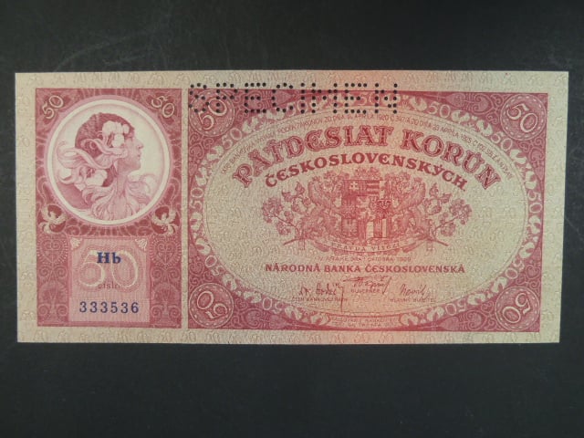 50 Kč 1.10.1929 série Hb, perf. SPECIMEN
