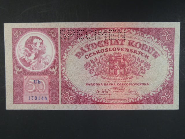 50 Kč 1.10.1929 série Ub, perf. SPECIMEN