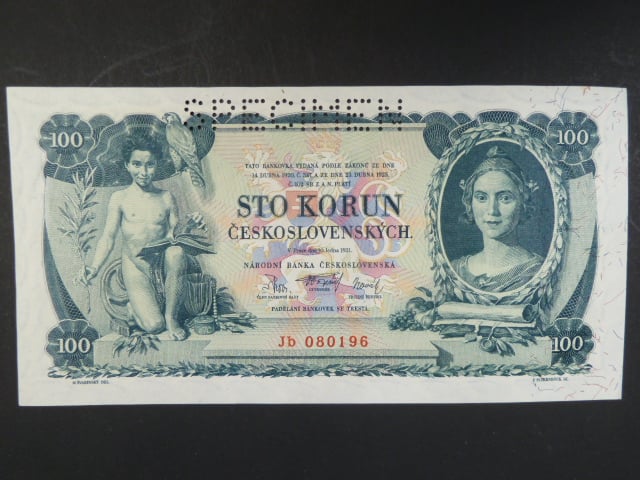 100 Kč 10.1.1931, serie Jb, II.vydání, perf. SPECIMEN