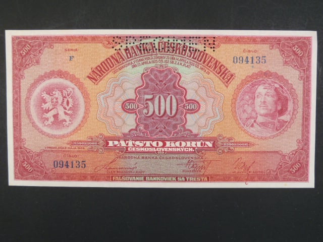 500 Kč 2.5.1929 série F, 1x perf. SPECIMEN