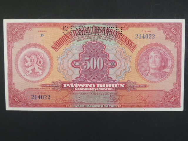 500 Kč 2.5.1929 série D, 1x perf. SPECIMEN