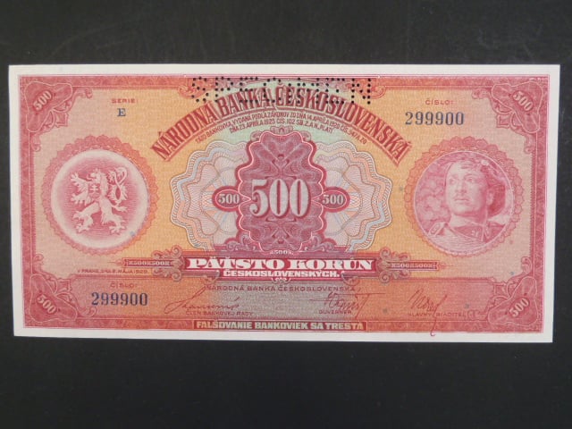 500 Kč 2.5.1929 série E, 1x perf. SPECIMEN