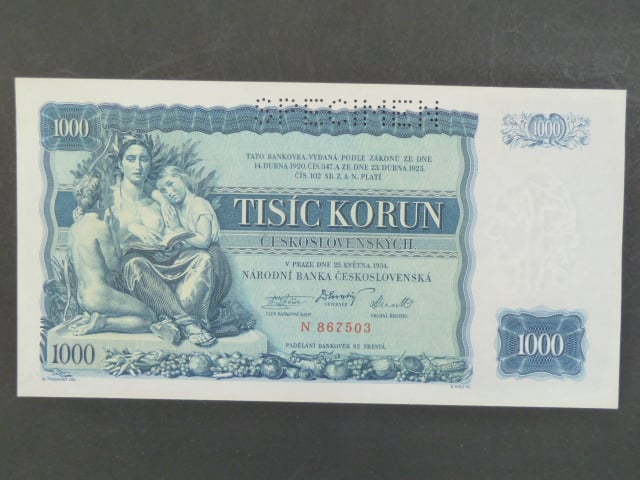 1000 Kč 25.5.1934, série N, 1x perf. SPECIMEN