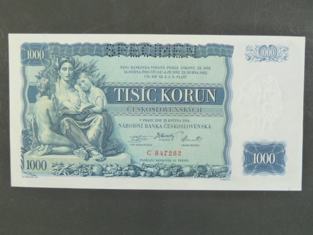1000 Kč 25.5.1934, série C, 1x perf. SPECIMEN