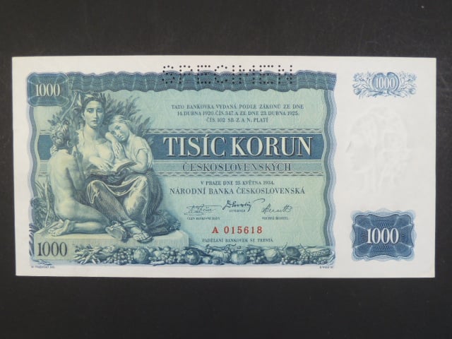 1000 Kč 25.5.1934, série A, 1x perf. SPECIMEN