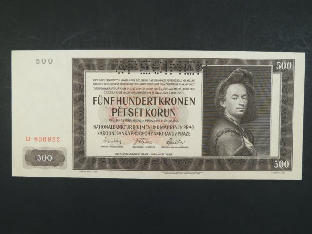 500 K 24.2.1942, I. vydání, série D, perf. SPECIMEN