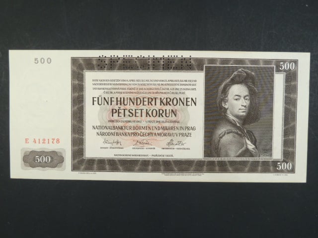 500 K 24.2.1942, I. vydání, série E, perf. SPECIMEN