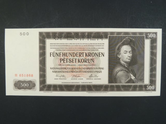 500 K 24.2.1942, I. vydání, série H, perf. SPECIMEN - žlutý papír