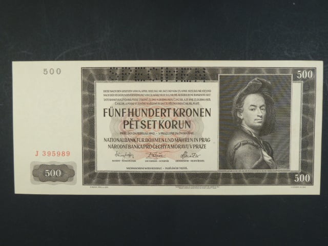 500 K 24.2.1942, I. vydání, série J, perf. SPECIMEN - žlutý papír