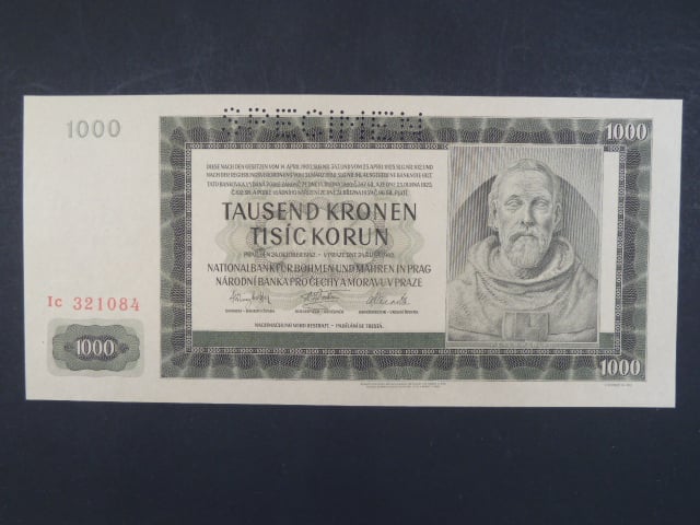 1000 K 24.10.1942 série Ic, III. vydání, perf. SPECIMEN - žlutý papír