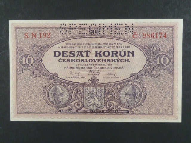 10 Kčs 2.1.1927 série N 192, perf. SPECIMEN