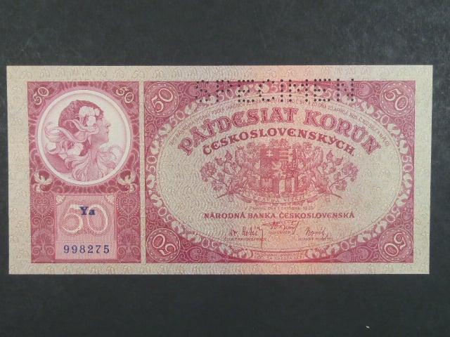 50 Kč 1.10.1929 série Ya, perf. SPECIMEN