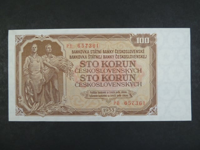 100 Kčs 1953 série PB, tiskárna STC Praha, výrazně světlý odstín