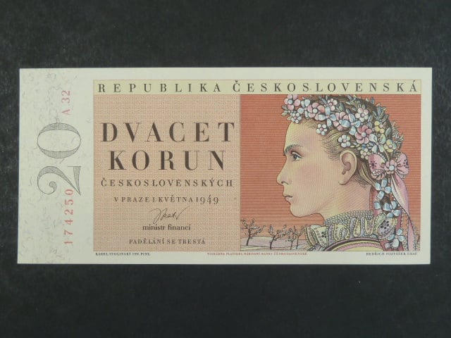 20 Kčs 1.5.1949, série A 32 žlutý papír