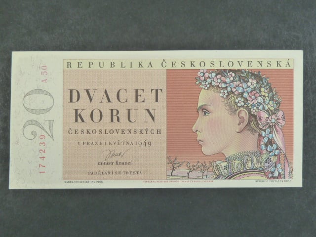 20 Kčs 1.5.1949, série A 50 žlutý papír