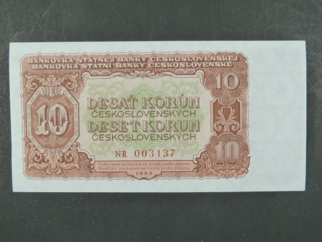 10 Kčs 1953 série NR, tiskárna STC Praha