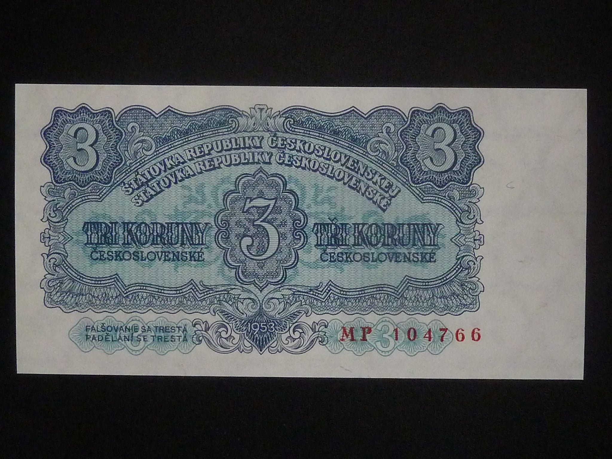 3 Kčs 1953 série MP, tiskárna STC Praha