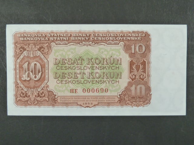 10 Kčs 1953 série HE, tiskárna STC Praha