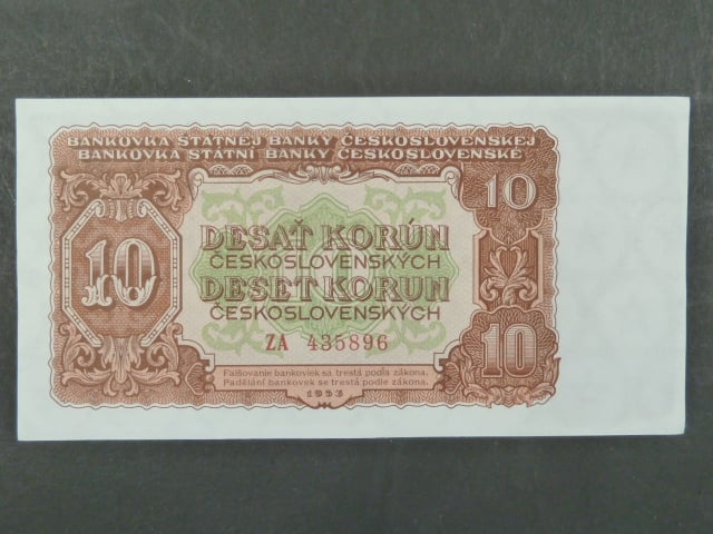10 Kčs 1953 série ZA, tiskárna Goznak Moskva