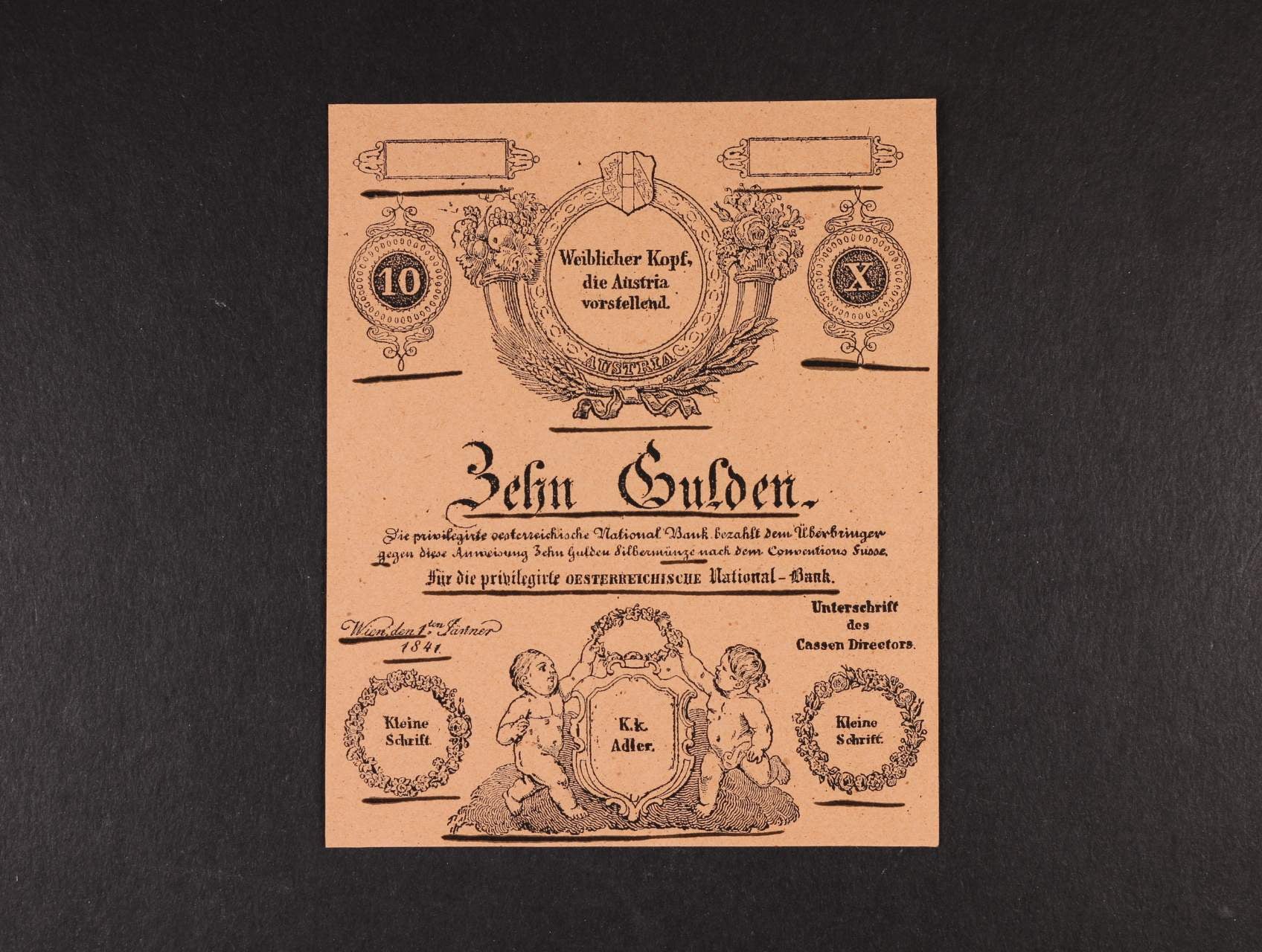 formulář 10 Gulden 1.1.1841, Ri. 72 Fb, podtržený text tuží